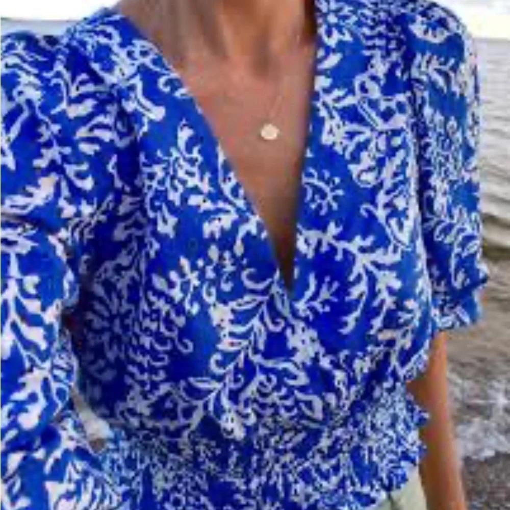 Zara Blue and White Eyelet Floral Blouse with Puff Sleeves